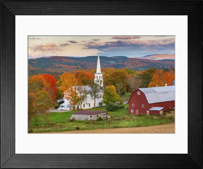 Framed Print : Church and red barn, Peacham, Vermont, USA