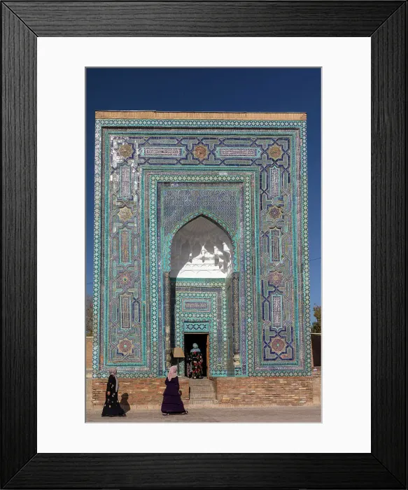 Framed Print : Uzbekistan, Samarkand, Shah-i-Zinda, Tomb Street of 11 Mausoleums, local women enter a mausoleum Framed Print : Uzbekistan, Samarkand, Shah-i-Zinda, Tomb Street of 11 Mausoleums, local women enter a mausoleum