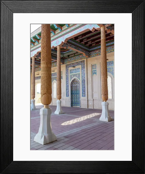 Framed Print : Uzbekistan, Samarkand, Hazrat Khizr Mosque, wooden carved pillars surround the main courtyard Framed Print : Uzbekistan, Samarkand, Hazrat Khizr Mosque, wooden carved pillars surround the main courtyard