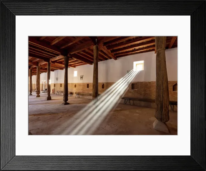 Framed Print : Uzbekistan, Khiva, Juma mosque, sun rays shine through a window in the Friday mosque where the ceiling is supported by 215 wooden pillars, sun rays Framed Print : Uzbekistan, Khiva, Juma mosque, sun rays shine through a window in the Friday mosque where the ceiling is supported by 215 wooden pillars, sun rays
