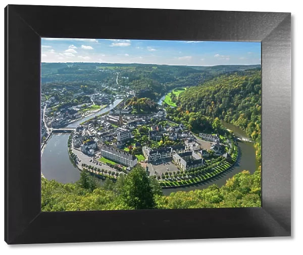 Aerial view at Bouillon with river Semois and castle, Ardennes, Wallonia, Province Luxembourg, Belgium