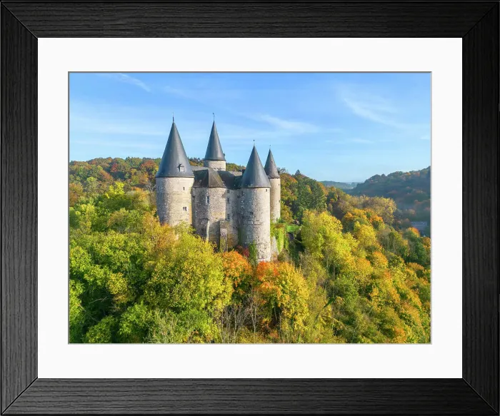 Framed Print : Aerial view at Chateau Veves, Celles near Dinant, Ardennes, Wallonia, Province Namur, Belgium