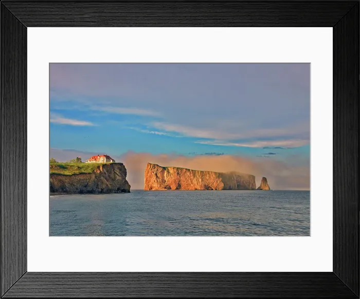 Framed Print : Roche Perce and Atlantic Ocean sin fog at sunrise on Gaspe Peninsula, Perce, Quebec, Canada Framed Print : Roche Perce and Atlantic Ocean sin fog at sunrise on Gaspe Peninsula, Perce, Quebec, Canada