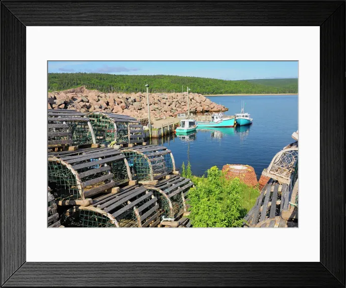 Framed Print : Boats and lobster traps in coastal village Neils Harbour Nova Scotia, Canada Framed Print : Boats and lobster traps in coastal village Neils Harbour Nova Scotia, Canada