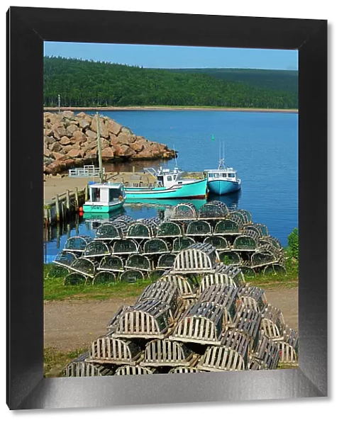 Loster traps and boat Neils Harbour Nova Scotia, Canada