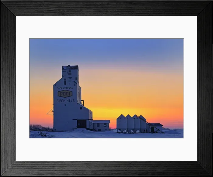 Framed Print : Grain elevator and bins at sunset Birch Hills Saskatchewan, Canada