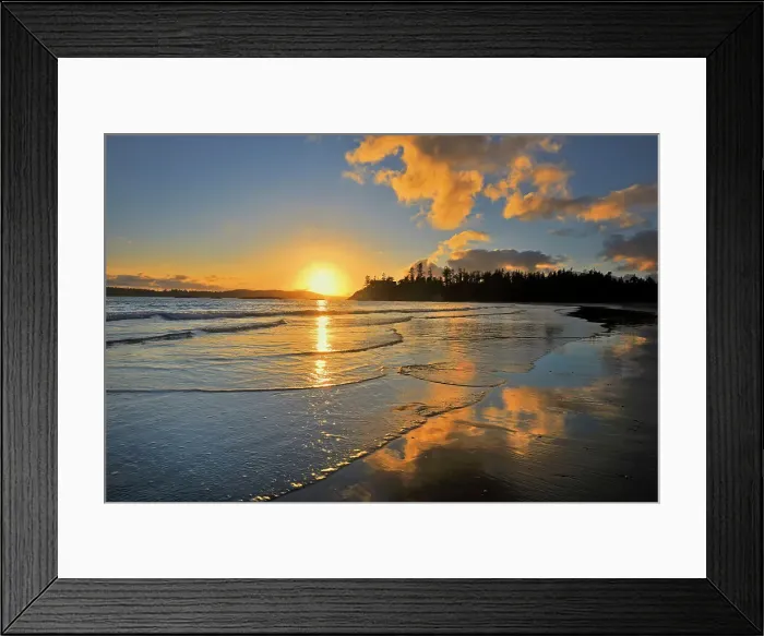 Framed Print : Clouds reflected in the Pacific Ocean at sunrise on Mackenzie Beach Pacific Rim NAtional Park British Columbia, Canada