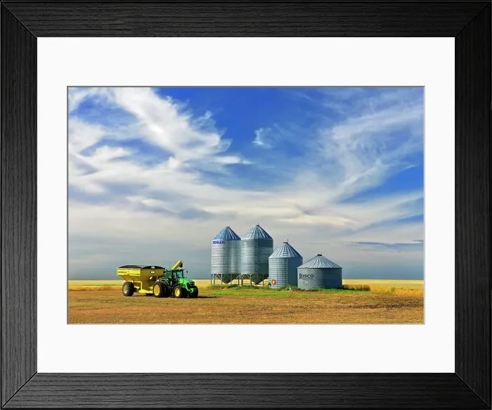 Framed Print : Grain bins and cart in lentil field Lang Saskatchewan, Canada