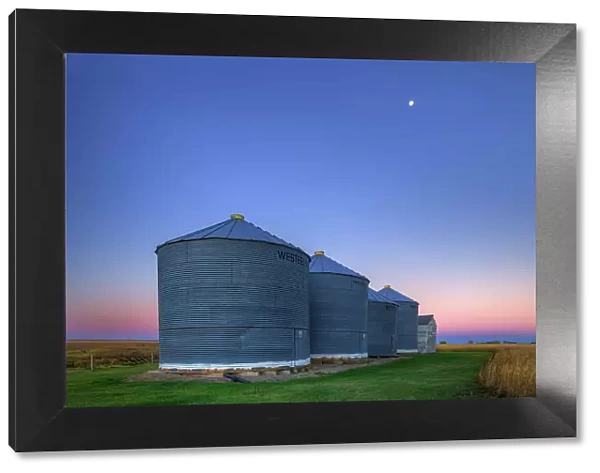 Grain bins at dawn with moon near Swift Current Saskatchewan, Canada