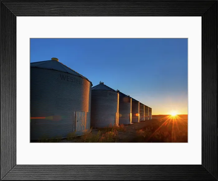 Framed Print : Grain bins at sunrise near Swift Current Saskatchewan, Canada Framed Print : Grain bins at sunrise near Swift Current Saskatchewan, Canada