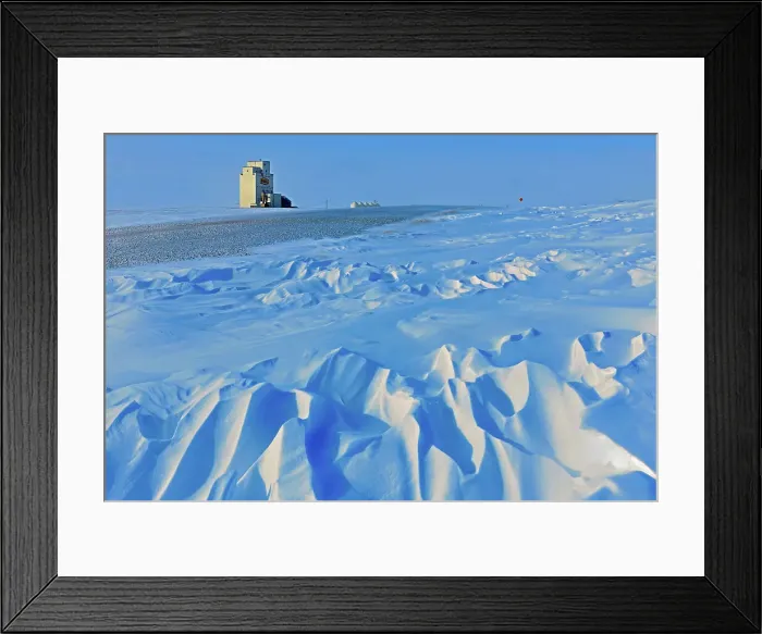 Framed Print : Grain elevator and wind sculptured snow WIllows Saskatchewan, Canada