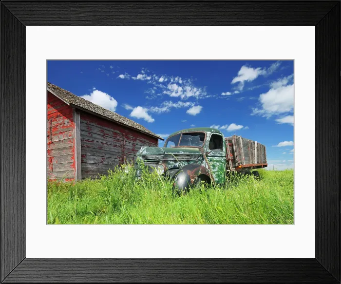 Framed Print : Old International truck and wodden grainery on farm Hazenmore Saskatchewan, Canada Framed Print : Old International truck and wodden grainery on farm Hazenmore Saskatchewan, Canada