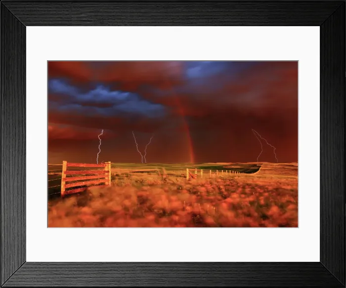 Framed Print : Lightning strikes, rainbow and setting sun during prairie storm. West Block Grasslands National Park Saskatchewan, Canada