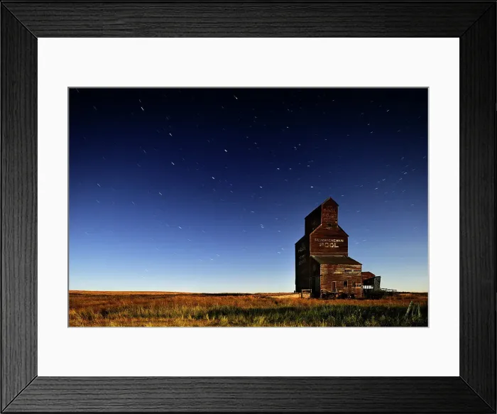 Framed Print : Star trails and moonlit grain elevator in ghost town Bents Saskatchewan, Canada