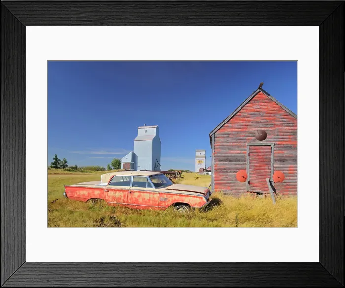 Framed Print : Old car, grain elevator and sheds Darcy Saskatchewan, Canada Framed Print : Old car, grain elevator and sheds Darcy Saskatchewan, Canada