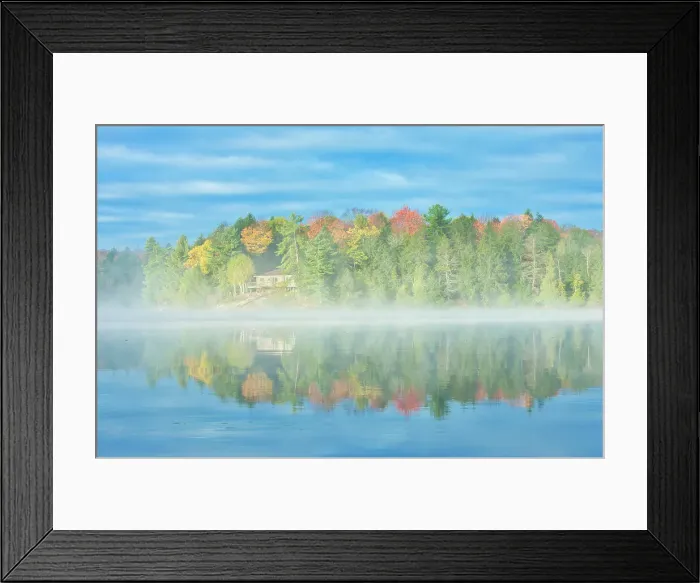 Framed Print : Fog on Horseshoe Lake in autumn with cottage, Near Parry Sound, Ontario, Canada Framed Print : Fog on Horseshoe Lake in autumn with cottage, Near Parry Sound, Ontario, Canada