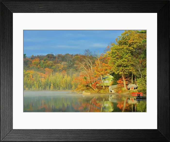 Framed Print : Cottage on Horseshoe Lake in morning fog Horseshoe Lake Ontario, Canada