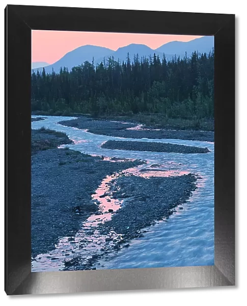 Deasadeash River at dawn and the Kluane Ranges, the easternmost of the St Elias Mountains. Kluane National Park, Yukon, Canada