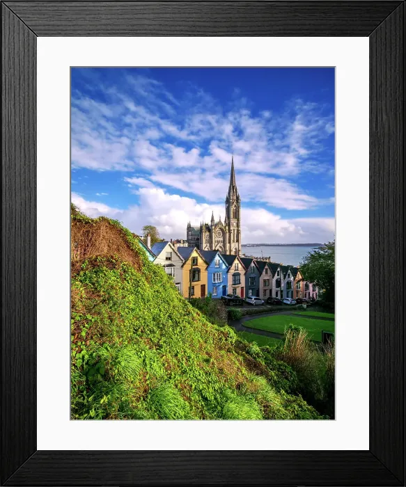 Framed Print : Deck of Cards colourful houses and St. Colman's Cathedral, elevated view, Cobh, County Cork, Ireland Framed Print : Deck of Cards colourful houses and St. Colman's Cathedral, elevated view, Cobh, County Cork, Ireland