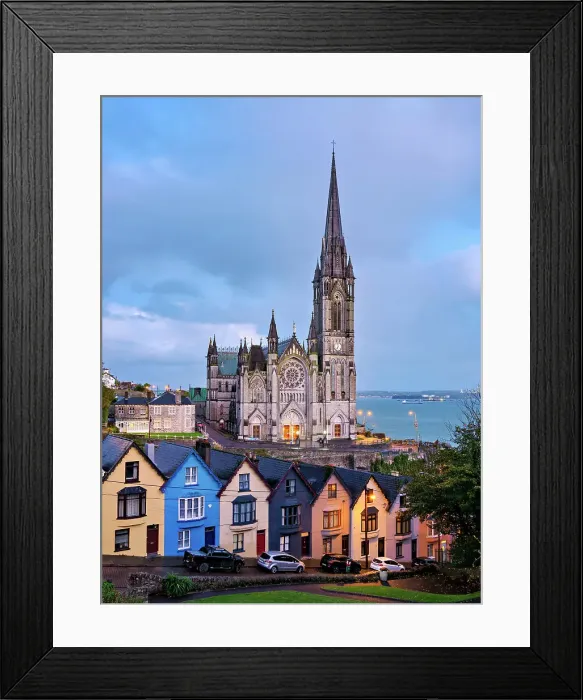 Framed Print : Deck of Cards colourful houses and St. Colman's Cathedral at dusk, elevated view, Cobh, County Cork, Ireland Framed Print : Deck of Cards colourful houses and St. Colman's Cathedral at dusk, elevated view, Cobh, County Cork, Ireland