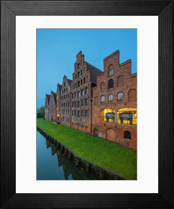 Framed Print : Salzspeicher at twilight, riverside warehouses for salt built in the Renaissance style, Lubeck, UNESCO, Schleswig-Holstein, Germany Framed Print : Salzspeicher at twilight, riverside warehouses for salt built in the Renaissance style, Lubeck, UNESCO, Schleswig-Holstein, Germany