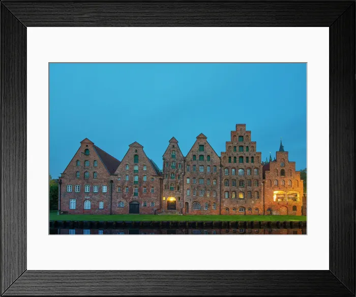 Framed Print : Salzspeicher at twilight, riverside warehouses for salt built in the Renaissance style, Lubeck, UNESCO, Schleswig-Holstein, Germany Framed Print : Salzspeicher at twilight, riverside warehouses for salt built in the Renaissance style, Lubeck, UNESCO, Schleswig-Holstein, Germany