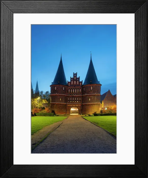 Framed Print : Brick-built Medieval gate to Lubeck named Holstentor at twilight, Lubeck, UNESCO, Schleswig-Holstein, Germany Framed Print : Brick-built Medieval gate to Lubeck named Holstentor at twilight, Lubeck, UNESCO, Schleswig-Holstein, Germany
