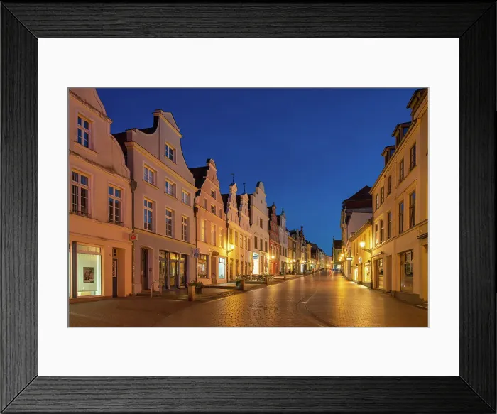 Framed Print : Houses with traditional gables at twilight, Kr√§merstrasse, Wismar, UNESCO, Nordwestmecklenburg, Mecklenburg-Western Pomerania, Germany