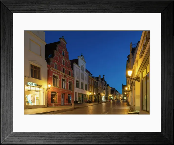 Framed Print : Houses with traditional gables at twilight, Kr√§merstrasse, Wismar, UNESCO, Nordwestmecklenburg, Mecklenburg-Western Pomerania, Germany