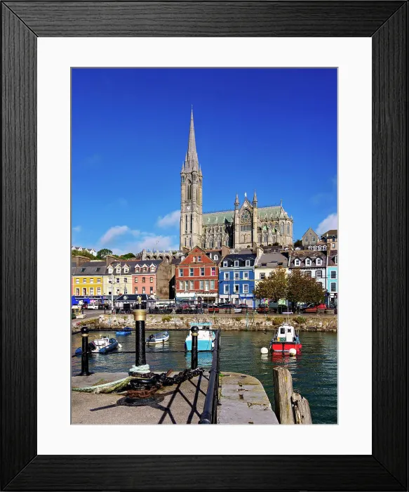 Framed Print : Fishing boats at the waterfront and St. Colman's Cathedral, Cobh, County Cork, Ireland Framed Print : Fishing boats at the waterfront and St. Colman's Cathedral, Cobh, County Cork, Ireland