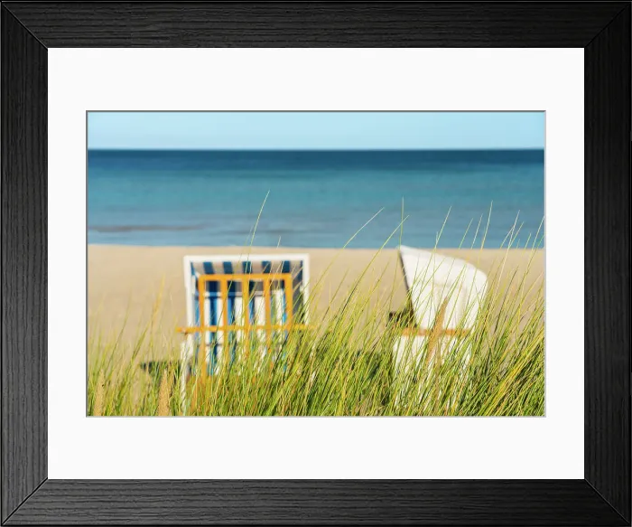 Framed Print : Grass with beach chairs on beach in background, Boltenhagen, Nordwestmecklenburg, Mecklenburg-Western Pomerania, Germany