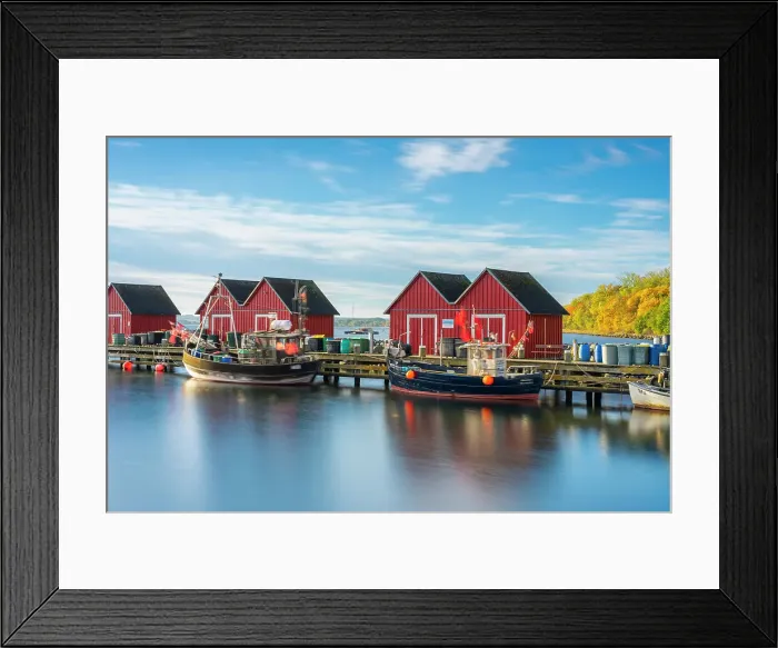 Framed Print : Red cabins at Wei√ue Wiek harbor, Boltenhagen, Nordwestmecklenburg, Mecklenburg-Western Pomerania, Germany