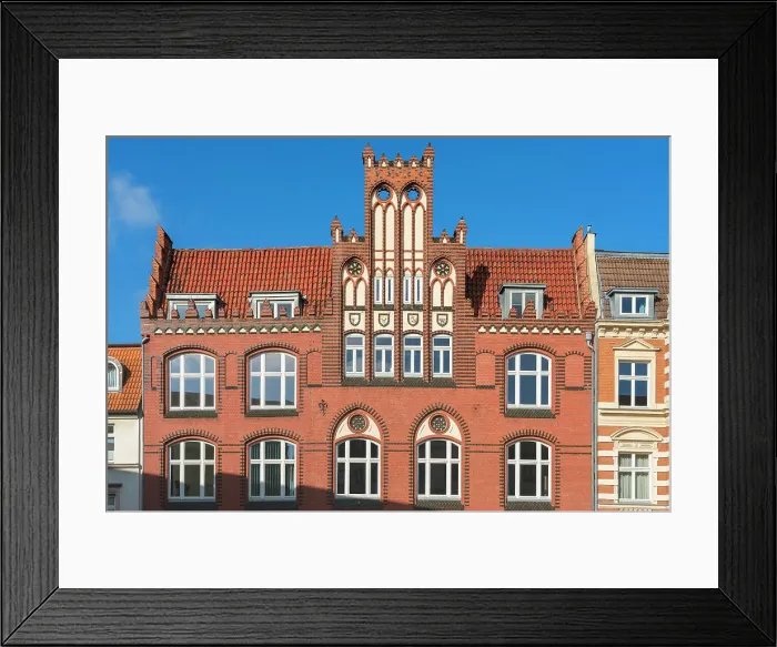 Framed Print : Detail of facade and gable of traditional house in Old Town, Wismar, UNESCO, Nordwestmecklenburg, Mecklenburg-Western Pomerania, Germany