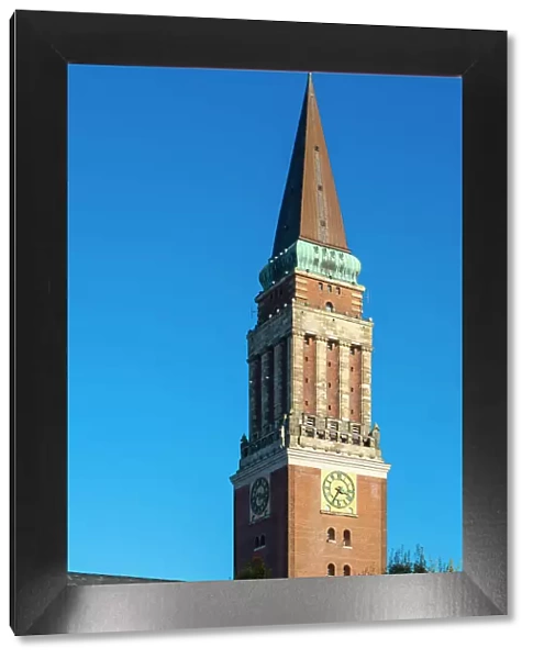 Detail of Kiel Town Hall Tower against clear sky, Kiel, Schleswig-Holstein, Germany