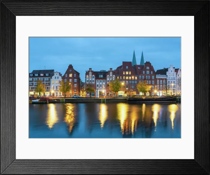 Framed Print : Houses with traditional gables along Trave river at twilight, Lubeck, UNESCO, Schleswig-Holstein, Germany