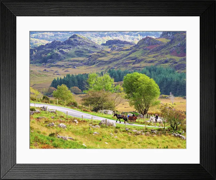 Framed Print : Jaunting car at the road through the Black Valley up the Head of the Gap of Dunloe, County Kerry, Ireland Framed Print : Jaunting car at the road through the Black Valley up the Head of the Gap of Dunloe, County Kerry, Ireland