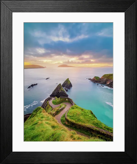 Framed Print : View over Dunquin Pier towards Blasket Islands at dusk, Dingle Peninsula, County Kerry, Ireland Framed Print : View over Dunquin Pier towards Blasket Islands at dusk, Dingle Peninsula, County Kerry, Ireland