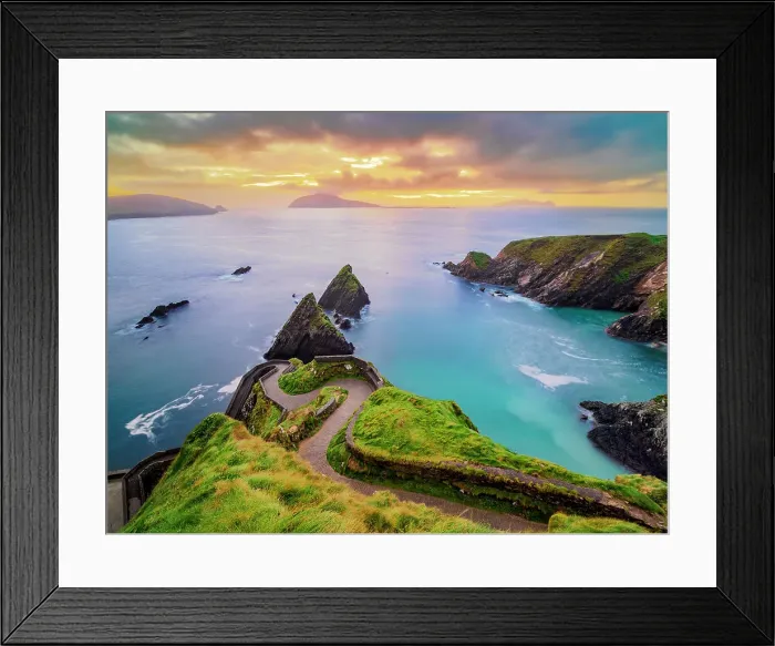 Framed Print : View over Dunquin Pier towards Blasket Islands at dusk, Dingle Peninsula, County Kerry, Ireland Framed Print : View over Dunquin Pier towards Blasket Islands at dusk, Dingle Peninsula, County Kerry, Ireland
