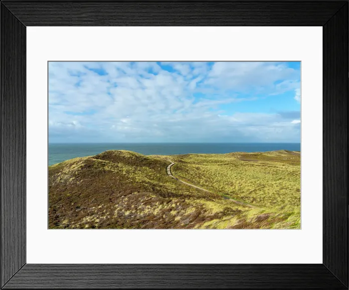 Framed Print : Elevated view of dune landscape and wooden boardwalk for tourists, Kampen, Sylt, Nordfriesland, Schleswig-Holstein, Germany Framed Print : Elevated view of dune landscape and wooden boardwalk for tourists, Kampen, Sylt, Nordfriesland, Schleswig-Holstein, Germany