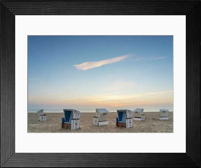 Framed Print : Beach chairs at Hornum beach at sunrise, Sylt, Nordfriesland, Schleswig-Holstein, Germany