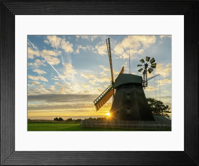 Framed Print : Sun setting behind Amrum mill, Nebel, Amrum island, Nordfriesland, Schleswig-Holstein, Germany Framed Print : Sun setting behind Amrum mill, Nebel, Amrum island, Nordfriesland, Schleswig-Holstein, Germany