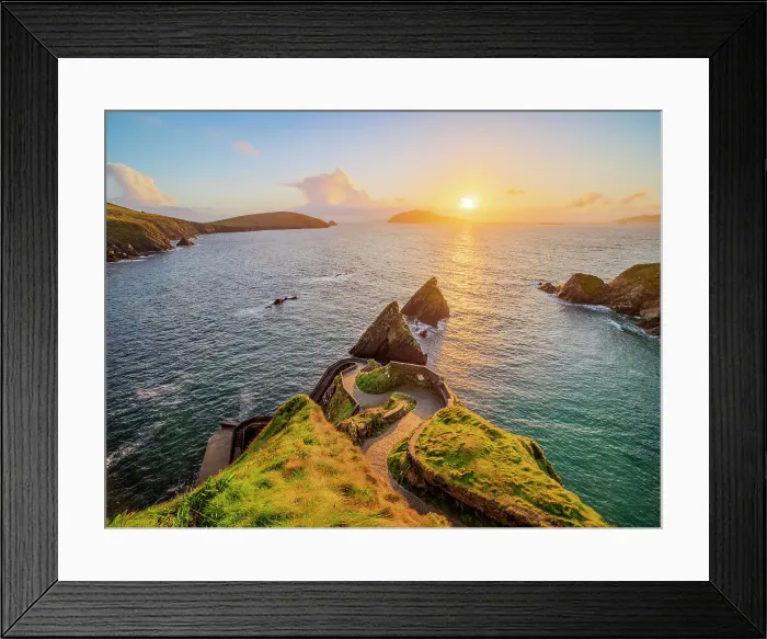 Framed Print : View over Dunquin Pier towards Dunmore Head and Blasket Islands at sunset, Dingle Peninsula, County Kerry, Ireland Framed Print : View over Dunquin Pier towards Dunmore Head and Blasket Islands at sunset, Dingle Peninsula, County Kerry, Ireland