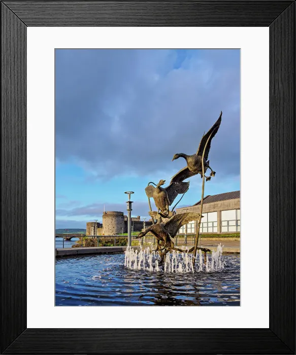 Framed Print : Flight of the Wild Geese Fountain of Heritage with King John's Castle in the background at sunset, Limerick, County Limerick, Ireland Framed Print : Flight of the Wild Geese Fountain of Heritage with King John's Castle in the background at sunset, Limerick, County Limerick, Ireland