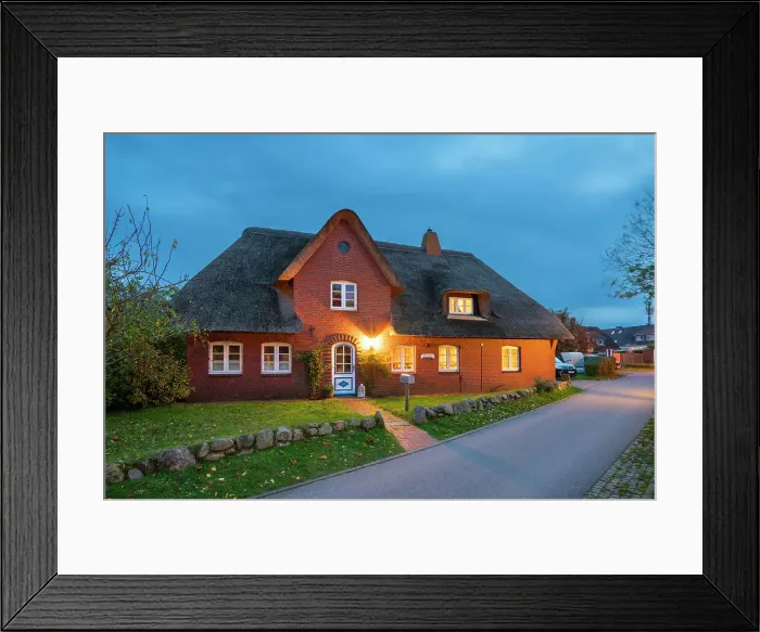 Framed Print : House with traditional thatched roof at twilight, Nebel, Amrum island, Nordfriesland, Schleswig-Holstein, Germany Framed Print : House with traditional thatched roof at twilight, Nebel, Amrum island, Nordfriesland, Schleswig-Holstein, Germany