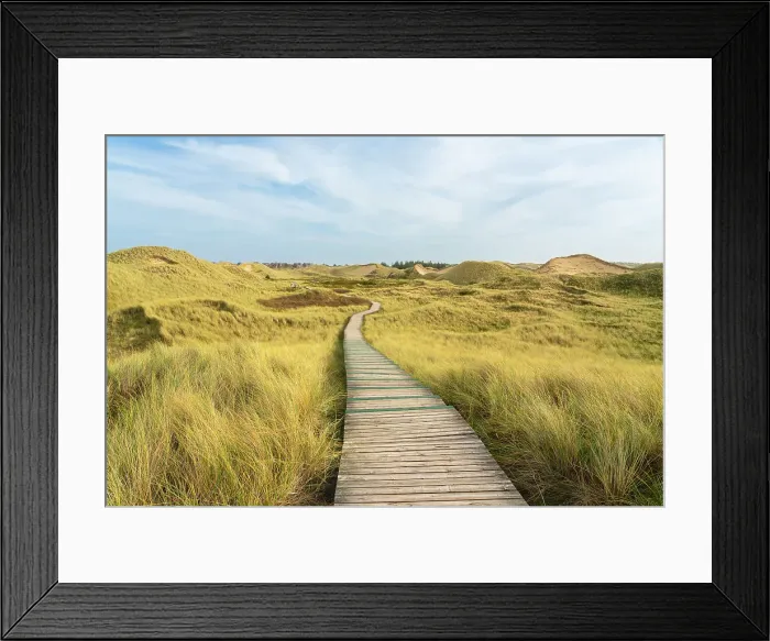 Framed Print : Wooden boardwalk among grass covered sand dune landscape near Norddorf, UNESCO, Amrum island, Nordfriesland, Schleswig-Holstein, Germany Framed Print : Wooden boardwalk among grass covered sand dune landscape near Norddorf, UNESCO, Amrum island, Nordfriesland, Schleswig-Holstein, Germany