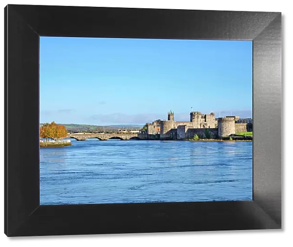 View over River Shannon towards King John's Castle and Thomond Bridge, Limerick, County Limerick, Ireland