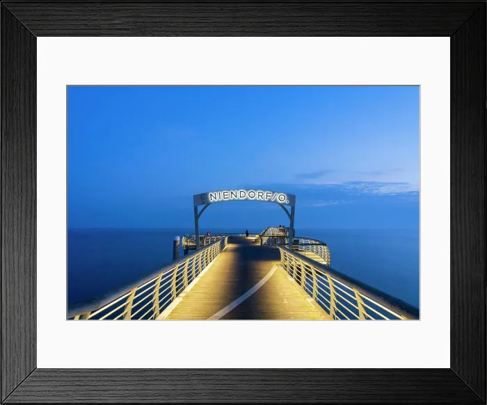 Framed Print : Gate with Niendorf sign at Niendorf Pier at twilight, Niendorf, Timmendorfer Strand, Ostholstein, Schleswig-Holstein, Germany