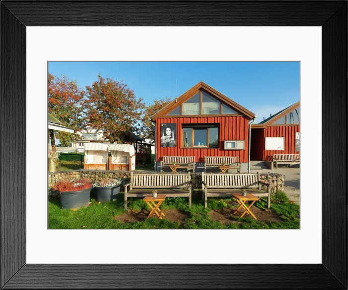 Framed Print : Exterior of cafe in Niendorf harbor, Niendorf, Timmendorfer Strand, Ostholstein, Schleswig-Holstein, Germany