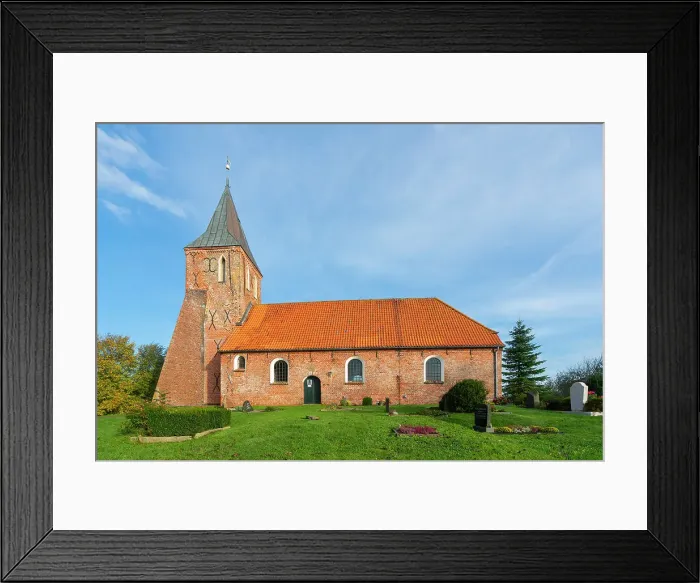 Framed Print : Facade of St. Stephanus church, Westerhever, Eiderstedt Peninsula, Nordfriesland, Schleswig-Holstein, Germany Framed Print : Facade of St. Stephanus church, Westerhever, Eiderstedt Peninsula, Nordfriesland, Schleswig-Holstein, Germany