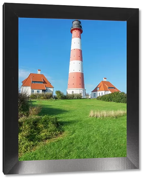 Westerheversand lighthouse against sky, Westerhever, Eiderstedt Peninsula, Nordfriesland, Schleswig-Holstein, Germany